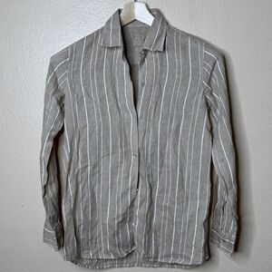 120% Lino Shirt Women's Medium Tan Button Up Long Sleeve Striped Linen Classic